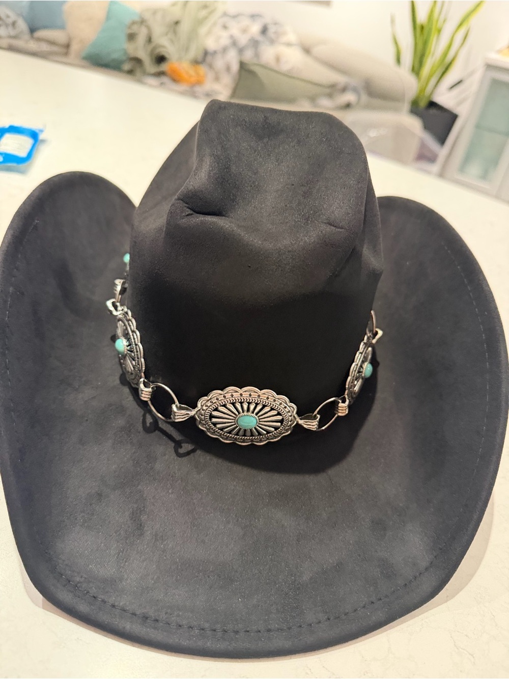 Black Western-Style Women's Hat with Turquoise Concho Band